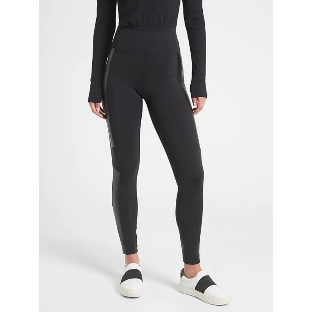 Athleta Delancey Shine Moto Tight Black Faux Leather Panel Medium Petite